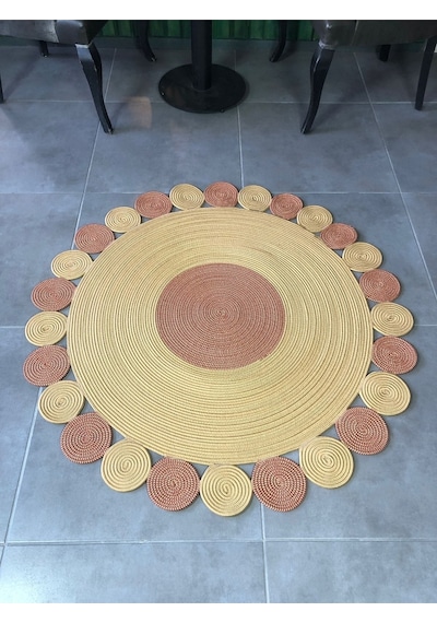 Mavaux Bej Jüt Hasırlı El Örgüsü Kilim Halı Hasır Yuvarlak Kırmızı