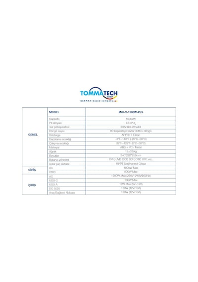 TommaTech TT-PWS-1030WH-VS 1200W Taşınabilir Güç Kaynağı Power Station V Serisi