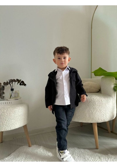 Miniğimin Cicileri Trençkotlu Kapüşonlu 3'lü Erkek Çocuk Kotlu Takım - Siyah Siyah