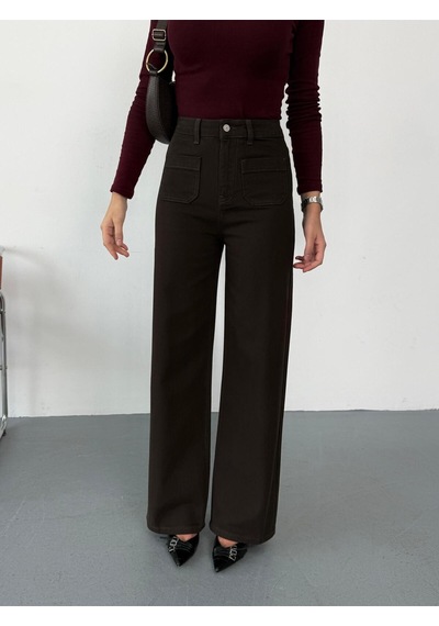 Kadın Kahverengi Ön Cepli Wide-leg Jean Yüksek Bel Geniş Paça Kot Pantolon Kahverengi