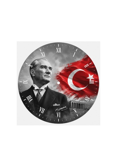 AA Shop Atatürk Temalı Baskılı Dekoratif Baskılı Ahşap Duvar Saati Sessiz Akar Mekanizmalı 806 Çoklu Renkli
