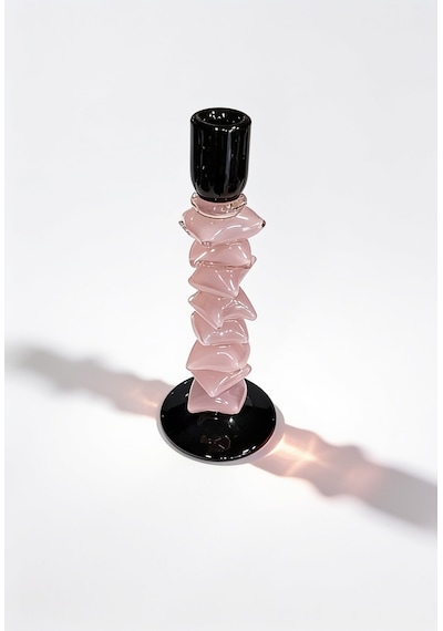 İthal Slıce Cam Şamdan Pembe Büyük 33 Cm Krem - Siyah