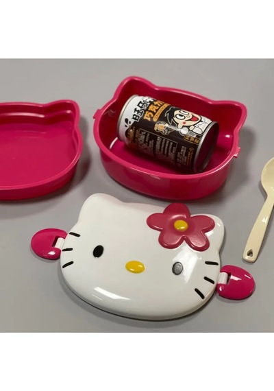 Kawaii 3d Hello Figür Kabartmalı 2 Katlı Çatal Ve Kaşıklı Kilitli Beslenme Çantası Kutusu