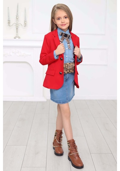 Riccotarz Kız Çocuk Leopar Desenli Fiyonk Detaylı Kot Gömlek Kırmızı Blazer Ceket Etekli Takım 001 Riccotarz Kız Çocuk Leopar Desenli Fiyonk Detaylı Kot Gömlek Kırmızı Blazer Ceket Etekli Takım 001