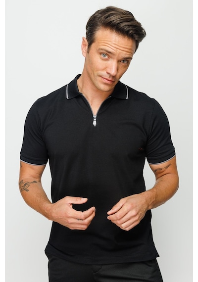Erkek Fermuarlı Polo Yaka T-shirt Siyah Siyah