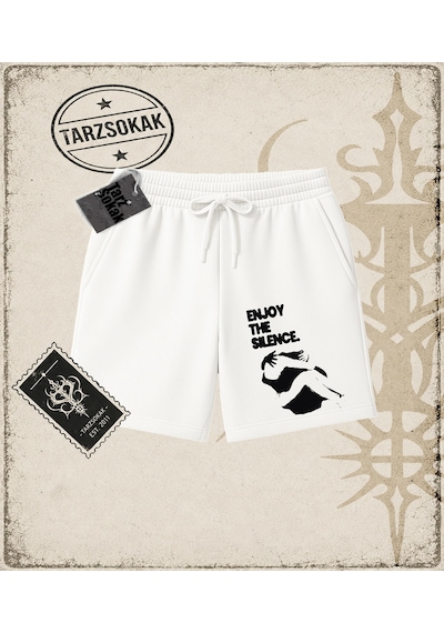 Tarzsokak Gotik & Grunge Streetwear Enjoy The Sılence Unisex Şort Beyaz