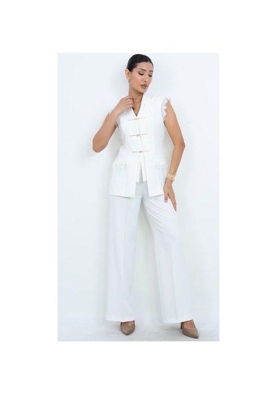 Dorne Moda Özel Seri Kruvaze Aksesuarlı Dantelli Abiye Pantolon Yelek Takım - Düğün - Mezuniyet - Ofis Şıklığı Beyaz Beyaz
