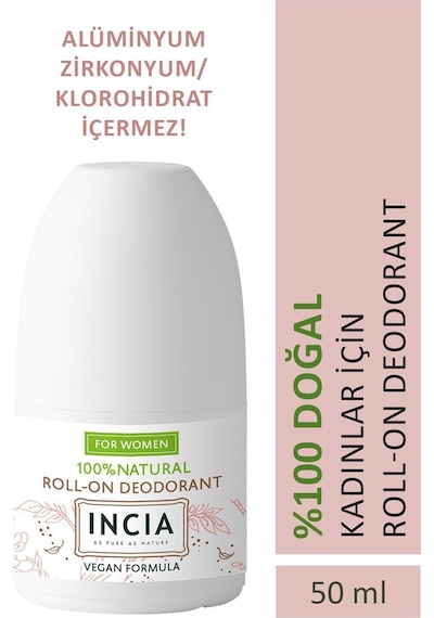 INCIA %100 Doğal Roll On Deodorant Kadınlar İçin Ter Kokusu Önleyici Leke Yapmayan 50 ML