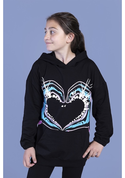 Toontoy Kız Çocuk Kapüşonlu Kanguru Cepli Baskılı Sweatshirt Siyah