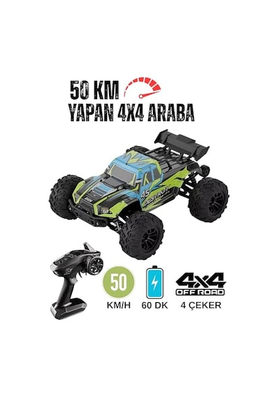 Giffy/oyuncak 2.4 Ghz Uzaktan Kumandalı 50 Km Hız Yapan Araba, Full Fonksiyon, 4x4 Offroad Arazi Aracı 1300 Mah Şarjlı Pilli Yüksek Teker Araç