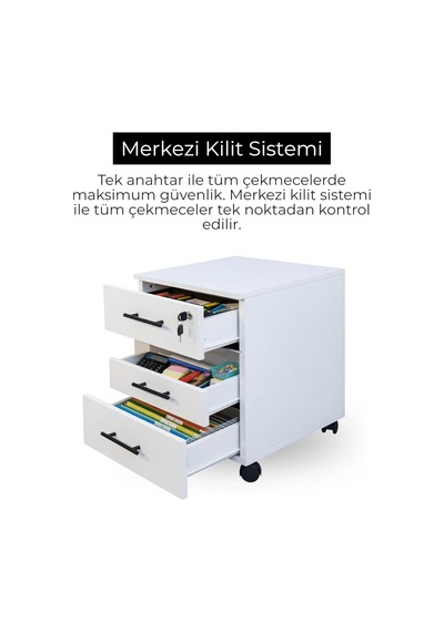 Antrasit 3 Çekmeceli Hareketli Keson, Merkezi Kilitli Ofis Dolabı, Tekerlekli Çalışma Masası Altı Komodin, Dosya Diğer