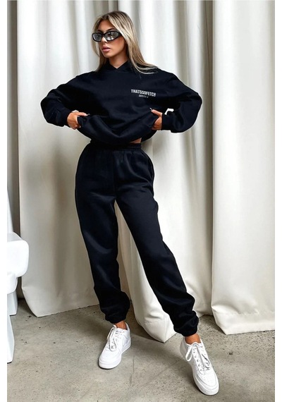 Siyah Fetch Series 6 Eşofman Takımı - Baskılı Oversize Kapüşonlu Siyah