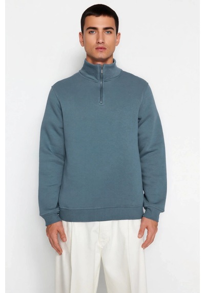 Benerly Erkek Dik Yaka Fermuarlı Standart Kol Regular Kalıp Sweatshirt Fo Mavi