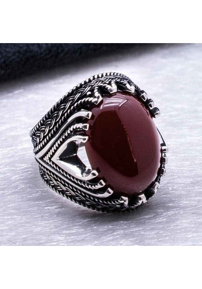 925 Ayar Gümüş Bordo Akik Taşlı Erkek Yüzük Gümüş