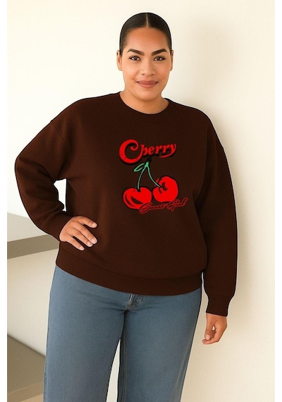 Benroma 3 İplik Penye Cherry Kiraz Baskılı Büyük Beden Unisex Sweatshırt Kahverengi