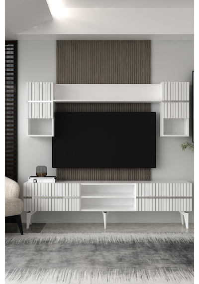 180dhdtür5bg Tedy Lazer Pleksi Desenli Raflı Tv Ünitesi Takımı Beyaz-gümüş