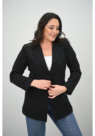 Koza Butik Kadın Büyük Beden Astarlı Düğmeli Blazer Ceket 9008-25-1 Siyah