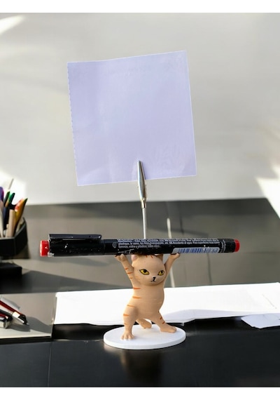 Turuncu Çizgili Kalem Tutabilen Dansçı Kedi Fotoğraf Not Tutacağı Ofis Masası Hediyelik Turuncu