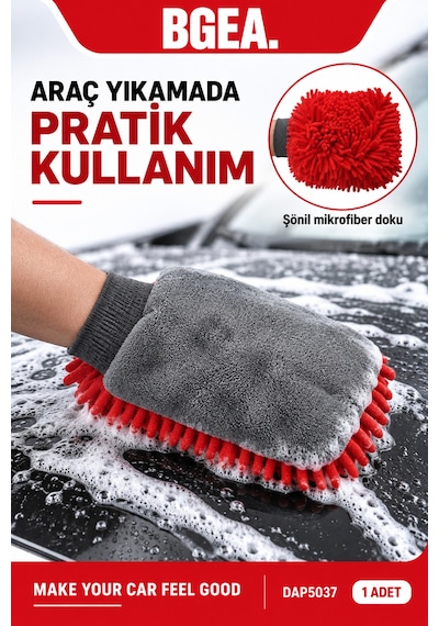 Bgea Premium Şönil Çift Katlı Mikrofiber Araç Yıkama Eldiveni Kırmızı 1 Adet