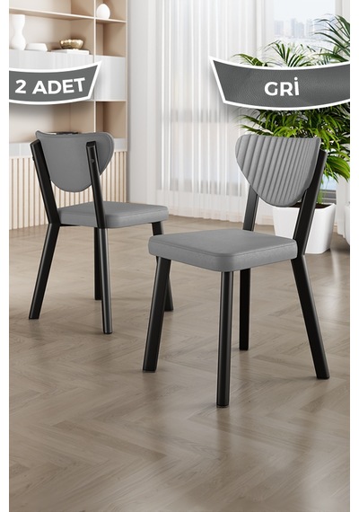 Fubi Serisi 2 Adet Taba Deri Mutfak,cafe, Restaurant Sandalyesi Siyah Metal İskeletli Gri Sandalye Siyah İskelet