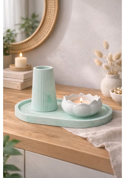 Buççin Online Mağaza Minimal Vazo Ve Lotus Mumluk 3lü Set Premium Dekoratif Biblo Taş Tozu Yeşil