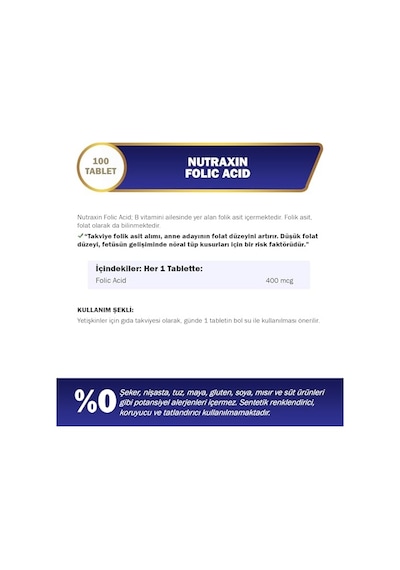 Nutraxin Vitals Folic Acid 400 Mcg 100 Tablet Takviye Edici Gıda