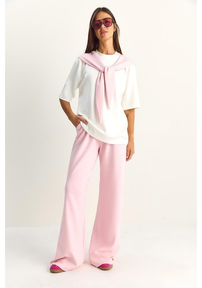 Shade Kadın Şal Detaylı Basic T-shirt Beli Lastikli Bol Pantolon Alt-üst Modal Takım 4116 60286084 - Pembe-beyaz Çok Renkli
