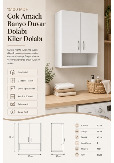 Renazzo %100 Mdf Çok Amaçlı Banyo Duvar Dolabı Kiler Dolabı Beyaz