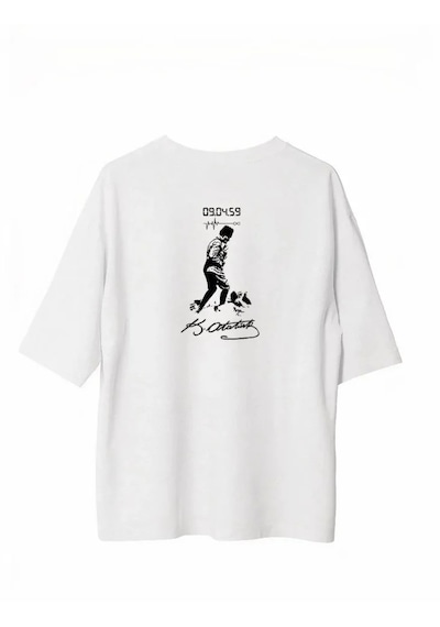 Modi Unisex Bisiklet Yaka Baskılı Oversize T-shirt - Beyaz - Mymg180606