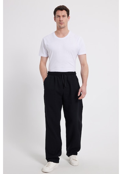Tudors Erkek Baggy Fit Geniş Kesim %100 Pamuk Beli Lastikli Yandan Cepli Müslin Siyah Düz Pantolon-46259