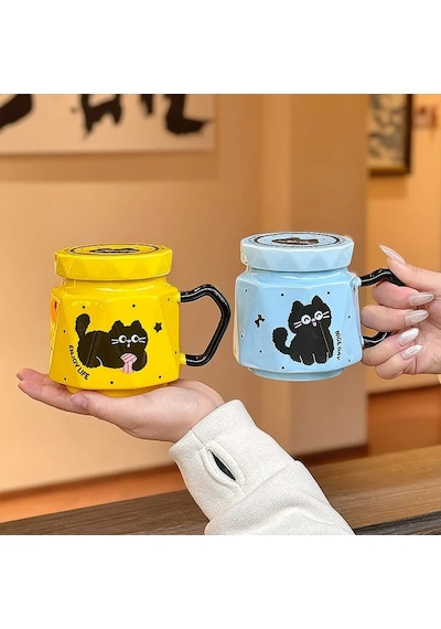 3d Kedi Figürlü Kapaklı Kupa Bardak Mavi