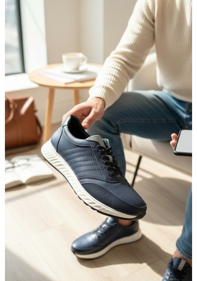 Enoch Hakiki Deri Lacivert Yatay Dikiş Detaylı Erkek Sneaker Ortopedik Taban Lacivert