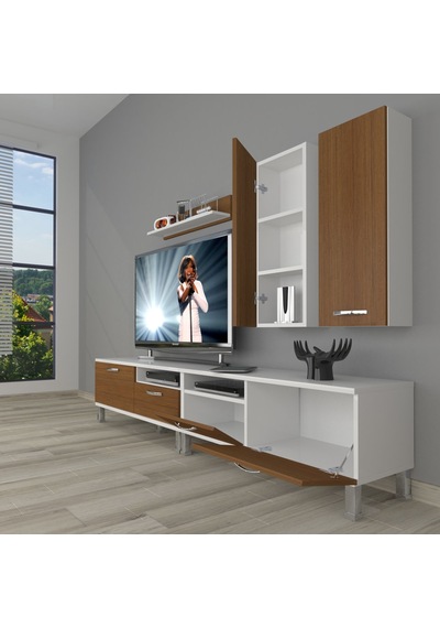 Decoraktiv Eko 5220d Slm Krom Ayaklı Tv Ünitesi Tv Sehpası Beyaz - Ceviz