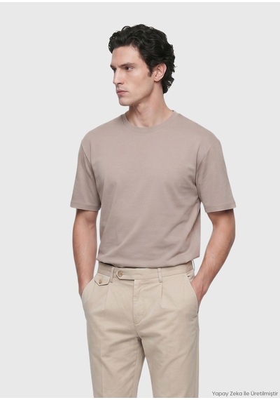 Ramsey Bej Düz Bisiklet Yaka %100 Pamuk T-shirt bej beige