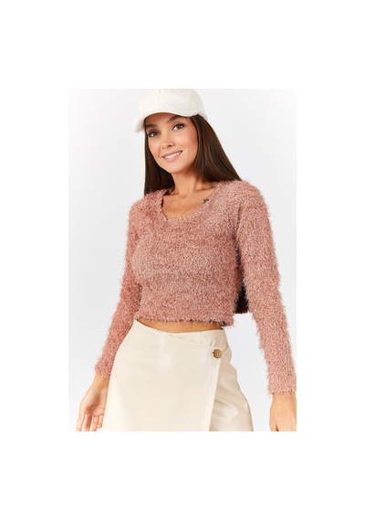 Armonika Kadın Pudra Pullu Sakallı Crop Kazak Arm-22y001179