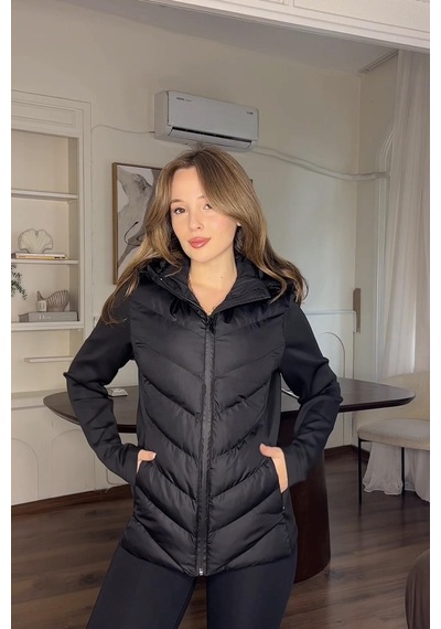 Prifaldi Siyah Kapüşonlu Şişme Mont Kışlık Slim Fit Rüzgar Geçirmez Fermuarlı Kadın Mont Siyah