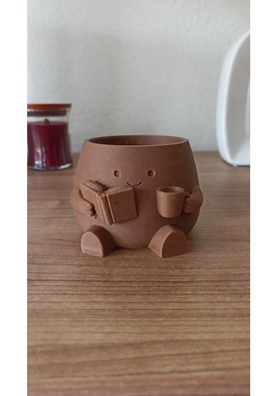 3d Baskı Kitap Okuyan Saksı - Kupa Tutan Sevimli Saksı-kahverengi Çok Renkli