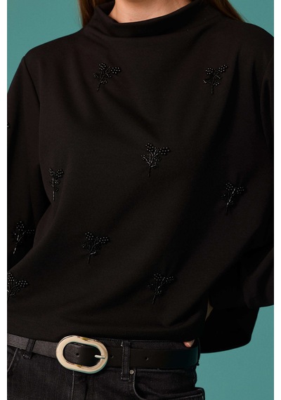 Seçil Kadın İnci Çiçek Detaylı Dik Yaka Sweatshirt Siyah