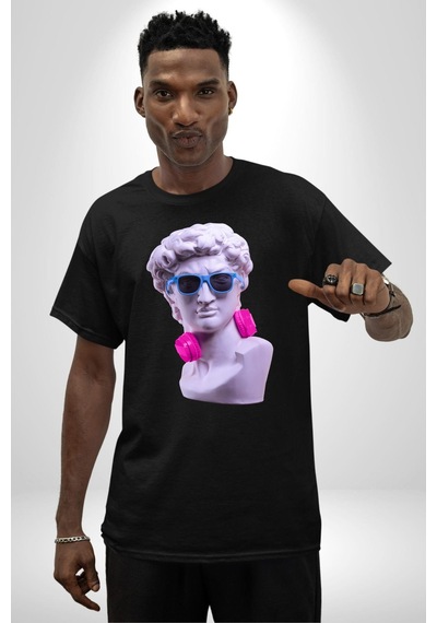 Kulaklık Gözlük Pop Art Heykel Pamuklu Bisiklet Yaka Unisex Oversize Boyfriend Dijital Baskılı Siyah T-shirt Siyah