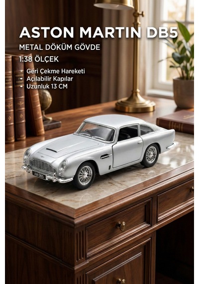Gümüş Gri Aston Martin Db5 1:38 Ölçek Metal Çek Bırak Model Araba - Açılabilir Kapılar 13 Cm