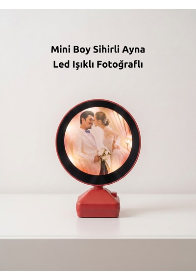 Yuvarlak Sihirli Ayna Led Işıklı Dekoratif Gece Lambası Fotoğraflı Ayna Ev Ofis İçin Hediye Mini Boy Kırmızı