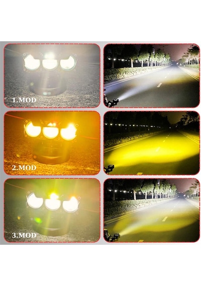 2 Adet Led Spot Işık Ve Sarı Beyaz Projektör Lens 3 Gözlü Dikdörtgen Baykuş Led Off Road Lamba Motosiklet