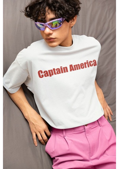 Kaptan Amerika Kalkan Baskılı Unisex Oversize Avengers Marvel Tiş Beyaz