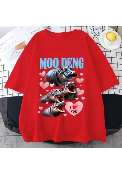 Flood Of Style Komik I Love Moo Deng Sevimli Bebek Hippo Sevgilisi Meme T Shirt Erkek Kadın Moda Gotik Rahat Kırmızı