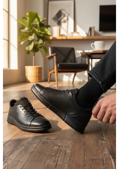 Enoch Hakiki Deri Esnek Bilek Detaylı Erkek Sneaker Ortopedik Taban Siyah