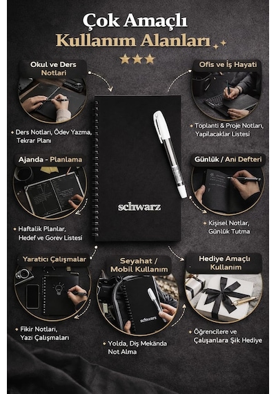 Siyah Spiralli Defter, A5 Çizgisiz Premium Not Defteri, 1 Adet Hediye Beyaz Jel Kalem, Ofis Ve