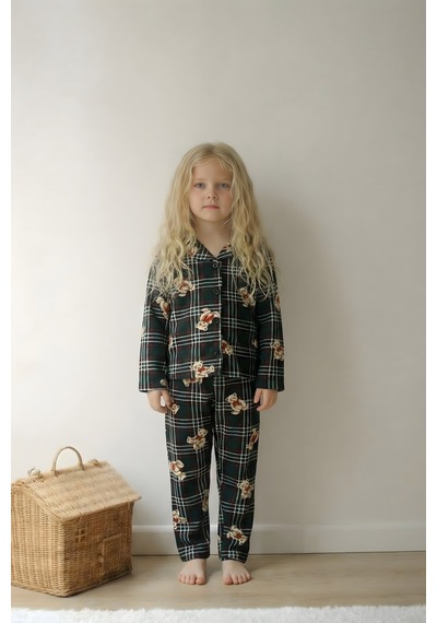 Esila Kids Çocuk Pijama Takımı Uzun Kollu Süet Örme Kumaş Yeşil