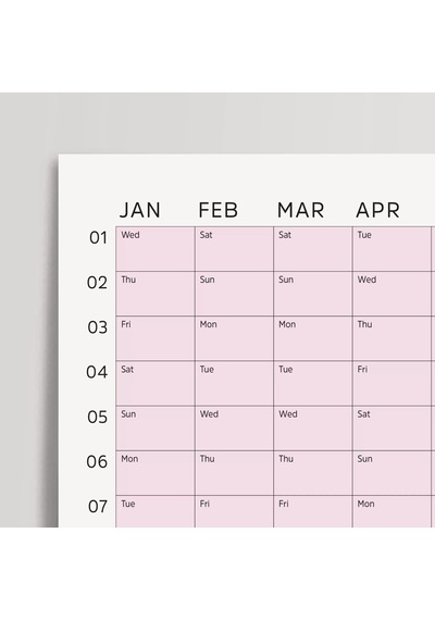 2026 Yıllık Takvim Planlayıcı, Planlayıcı Duvar Takvimi, Pastel Pembe Renk