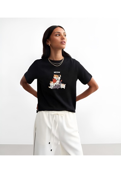 Unisex Meow Baskılı Tasarım Tshirt Siyah