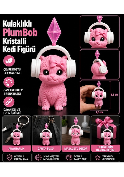 11 Cm Sims Plumbob Kulaklıklı Kristalli Kedi Figürü-dekoratif Sevimli Kedi Biblo